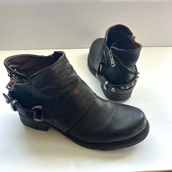 A.S.98 Shoes - AS 98 Air Step Steve Black Leather Studded Moto Biker Ankle Zip Booties 37 6.5